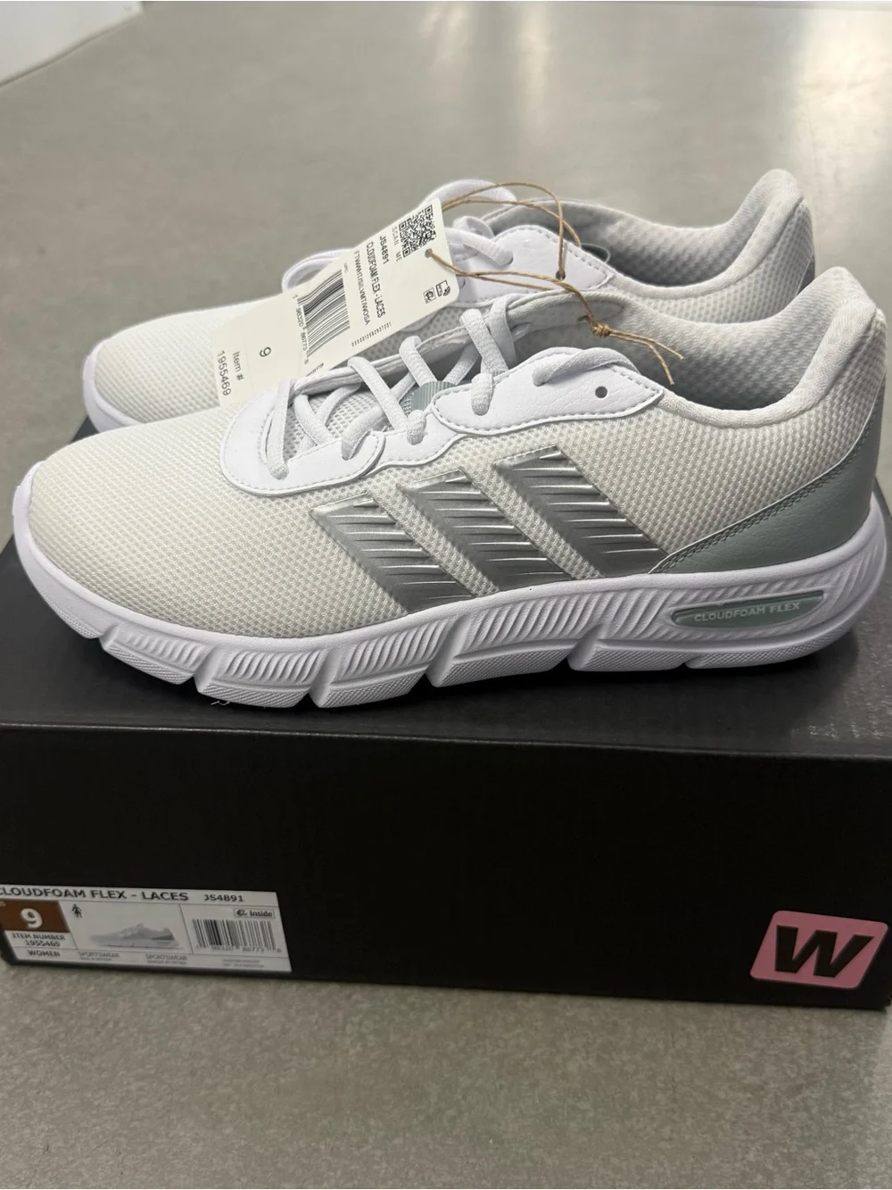 Adidas Cloudfoam Flex Lace Sneakers White Silver, Womens Size 9